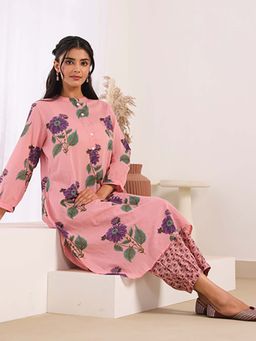 EKOHUM - Pink Printed Cotton Mulmul Kurta Afghani Salwar Set