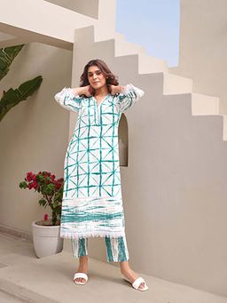 EKOHUM - White Tie Dye Printed Cotton Co-Ord Set With Crochet Lace