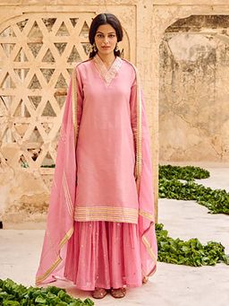 EKOHUM - Pink Tissues Silk Embroidered Kurta Sharara Set With Dupatta