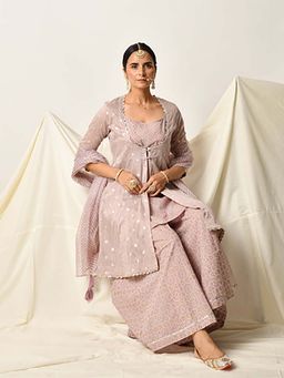 EKOHUM - Mauve Silk Chanderi Kurta With Bandhani Print Plazzo And Doriya Dupatta