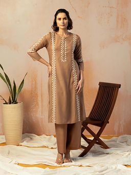 EKOHUM - Brown Linen Embroidered Kurta Pant Set