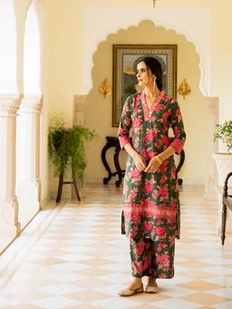 EKOHUM - Green Printed Straight Kurta With Pant