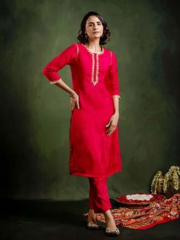 EKOHUM - Rani Silk Embroidered Round Neck Co-Ord Set