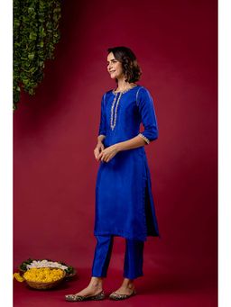 EKOHUM - Blue Silk Embroidered Round Neck Co-Ord