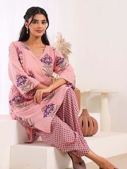 EKOHUM - Pink Printed Cotton Mulmul Pleated Kurta And Salwar Set