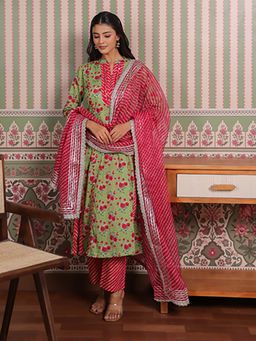 EKOHUM - Green Printed Cotton Kurta Pant With Dupatta