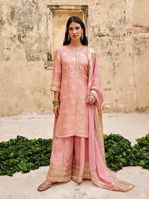 EKOHUM Pink Zari Butti Tissues Silk Kurta Sharara Dupatta Set Embellished With Zari Laces