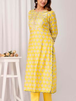 EKOHUM - Yellow Printed Muslin Kurta With Gota Patti Zari Embroidery And Jaam Cotton Pant