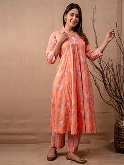 EKOHUM - Peach Embroidered A Line Gathered Kurta Pant Set
