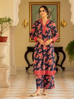 EKOHUM - Blue Floral Printed Embroidered Kurta Pant Co-Ord