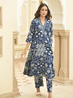 EKOHUM - Blue Dabu Printed Cotton Kurta Pant Set