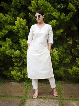Ethnic Elements - Stitched Cotton White Kurta With Pant