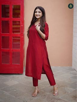 Ethnic Elements - Red Cotton Silk Kurta with Pant