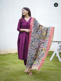 Ethnic Elements - Stitched Kurta And Bottom With Dupatta Suit Set- Purple And Kalamkari