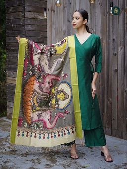 Ethnic Elements - Stitched Kurta And Bottom With Dupatta Suit Set - Emerald Green And Kalamkari