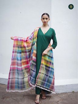 Ethnic Elements - Stitched Kurta And Bottom With Dupatta Suit Set - Forest Green And Bhujodi