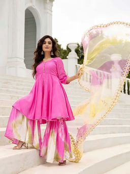 Ghoomar Jaipur - Brink Pink Tie and Dye Kurta Sharara with Dupatta