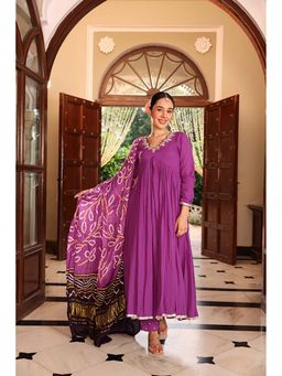 Ghoomar Jaipur - Dark Purple Bandhej Anarkali Kurta with Pant and Dupatta