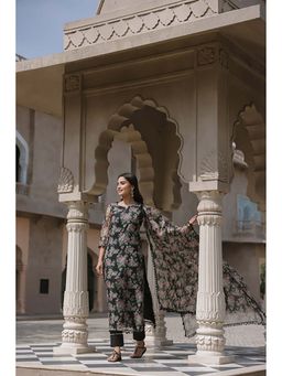 Ghoomar Jaipur - Floral Black Organza Kurta with Pant and Dupatta