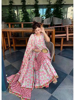Ghoomar Jaipur - Floral Hand Block Printed Sharara with Kurta and Dupatta
