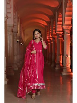 Ghoomar Jaipur - Fuchsia Pink Gota Anarkali Kurta with Pant and Dupatta