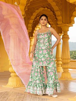 Ghoomar Jaipur - Jade Green Leheriya Kurta and Sharara with Dupatta