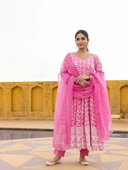 Ghoomar Jaipur - Pink Cupcake Embroidered Kurta and Pant with Dupatta Suit Set