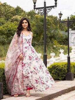 Ghoomar Jaipur - Powder White Digital Printed Kurta and Pant with Dupatta Suit Set