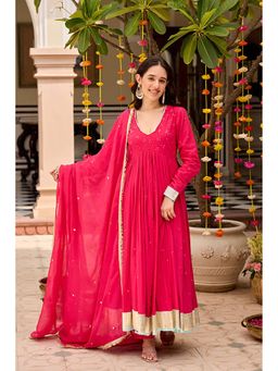 Ghoomar Jaipur - Raspberry Pink Anarkali Kurta and Pant with Dupatta Suit Set
