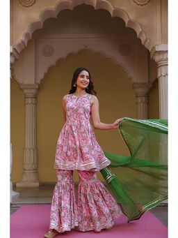 Ghoomar Jaipur - Rose Pink Hand Block Gota Kurta and Sharara with Dupatta