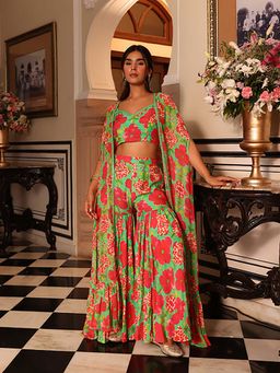 Ghoomar Jaipur - Shamrock Green Printed Indo Western Kurta and Pant with Sharara Jacket Set