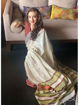 PRATHAA - Off-White Kantha Stitched Saree With Unstitched Blouse