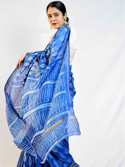 Sundarii - Blue Leaf - Shibori Chanderi Silk Saree Without Blouse