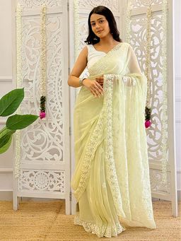 The Chikan Label - Saanchi Georgette Reshami Work Chikankari Green Saree With Unstitched Blouse