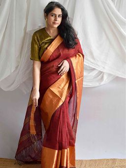 Sundarii - Meet Ka Rang Linen Zari Saree Without Blouse