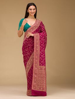 Koskii - Wine Zari Work Georgette Saree with Unstitched Blouse