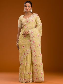 Koskii - Yellow Embroidered Tissue Saree with Unstitched Blouse