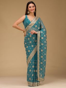 Koskii - Peacock Blue Zari Work Chiffon Saree with Unstitched Blouse