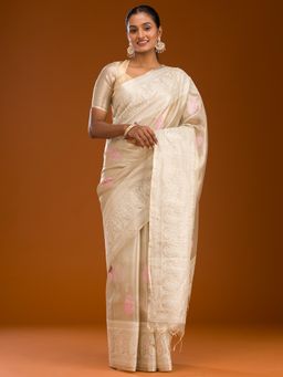 Koskii - Cream Embroidered Tissue Saree with Unstitched Blouse