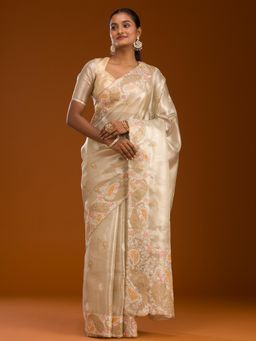 Koskii - Cream Embroidered Tissue Saree with Unstitched Blouse