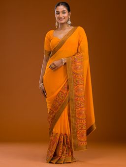 Koskii - Women Threadwork Georgette Saree With Unstitched Blouse