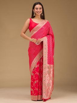 Koskii - Pink Printed Art Silk Saree with Unstitched Blouse