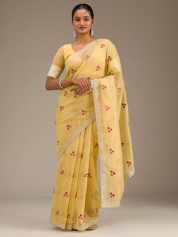 Koskii - Women Zariwork (Gold) Organza Saree With Unstitched Blouse