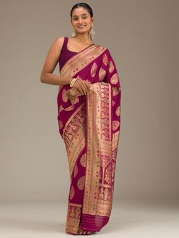 Koskii - Wine Zari Work Art Silk Saree with Unstitched Blouse