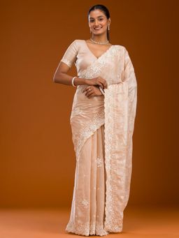 Koskii - Beige Embroidered Chiffon Saree with Unstitched Blouse