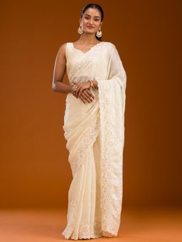 Koskii - Cream Embroidered Chiffon Saree with Unstitched Blouse