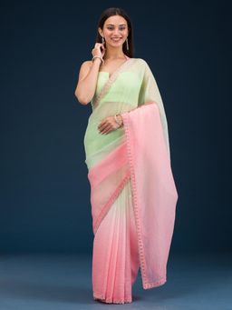 Koskii - Pista Green Embellished/Sequined Tissue Saree with Unstitched Blouse