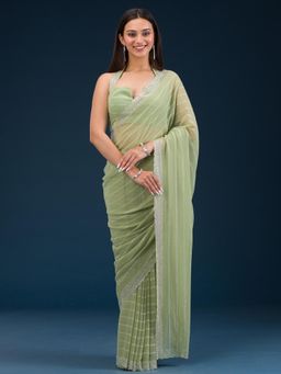 Koskii - Pista Green Embellished/Sequined Georgette Saree with Unstitched Blouse