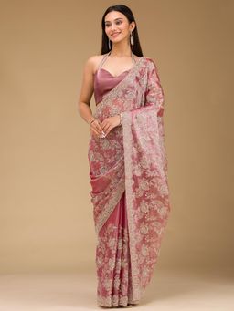 Koskii - Women Zariwork (Silver) Tissue Saree With Unstitched Blouse