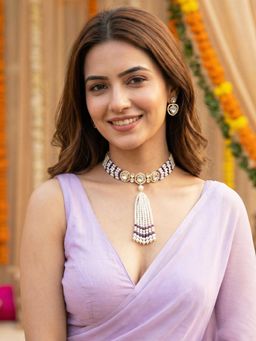 Karatcart - Designer Polki Kundan Pearl and Purple Crystal Gold-Plated Choker Jewellery Set